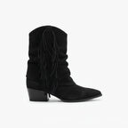 Women's Suede Fringe Slouch Cowboy Boots, Pointed Toe in Black