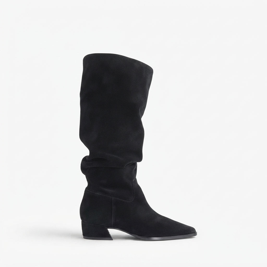 Women's Faux Suede Slouchy Knee High Boots, Pull-On in Black