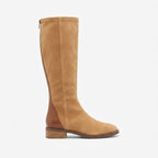 Bottes hautes jusqu'aux genoux pour femme, aspect daim, à talon bas carré marron