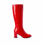 Women's Glossy Leather Block Heel Knee High Boots in Red