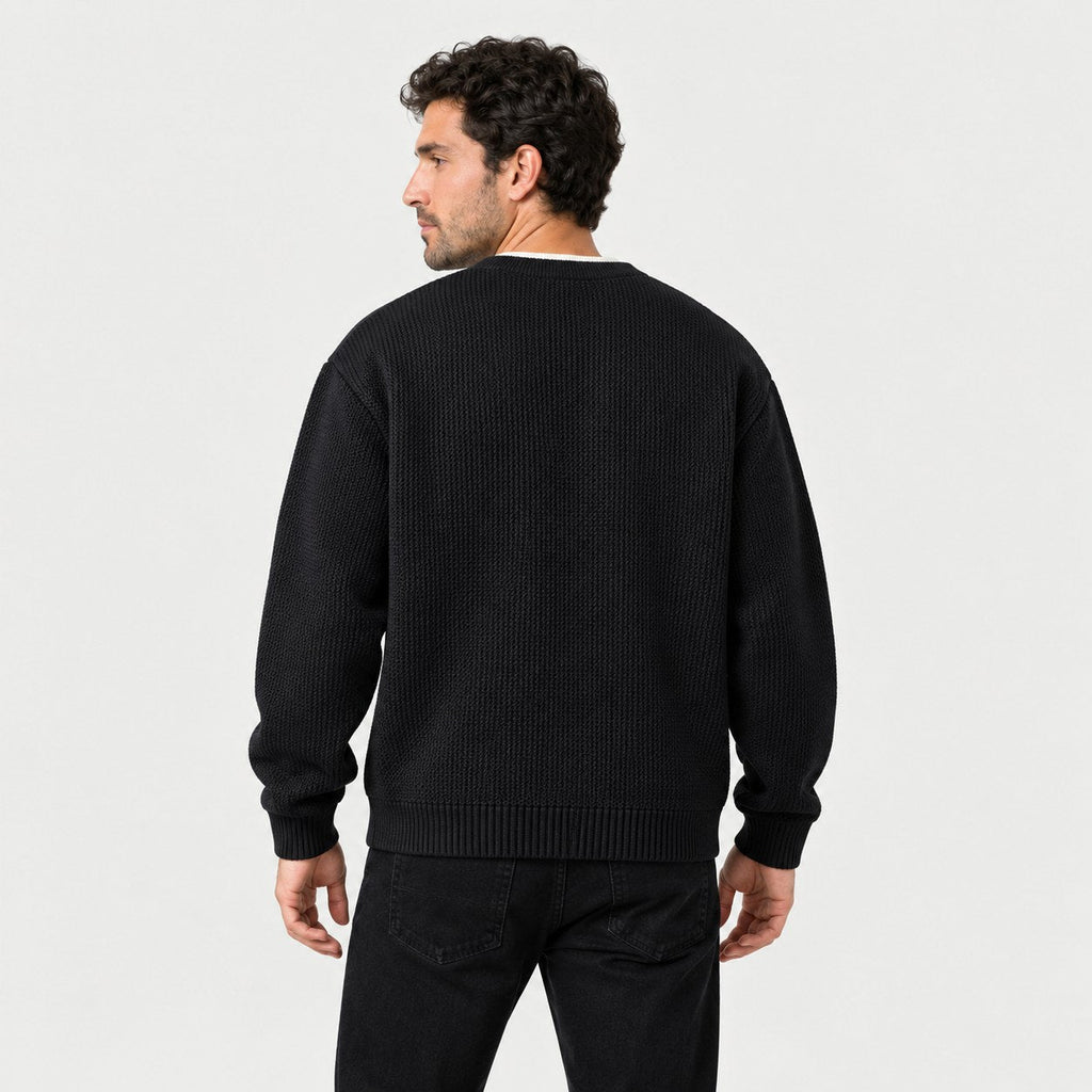 Men's waffle knit Henley jumper in Black | Iwerne – back view