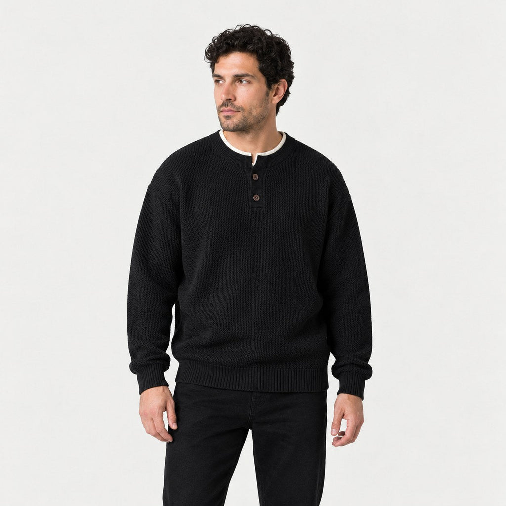 Men's waffle knit Henley jumper in Black | Iwerne – front view