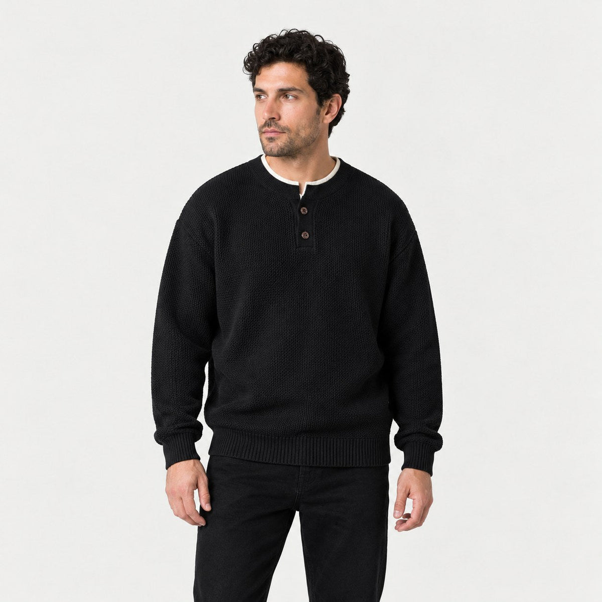 Men's waffle knit Henley jumper in Black | Iwerne – front view