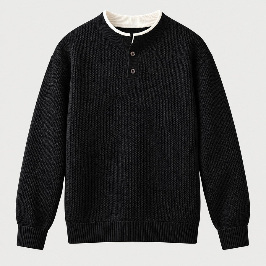 Men's waffle knit Henley jumper in Black | Iwerne – front view