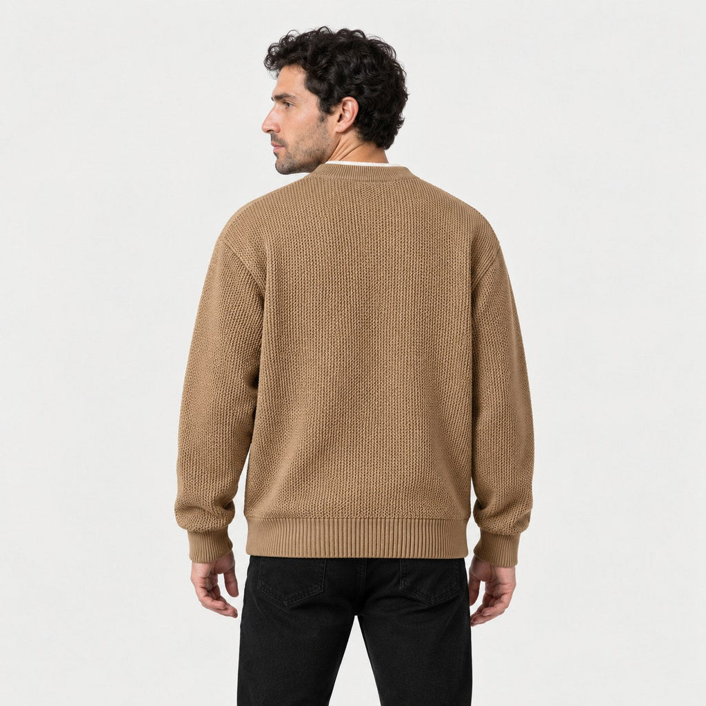 Men's waffle knit Henley jumper in Brown | Iwerne – back view