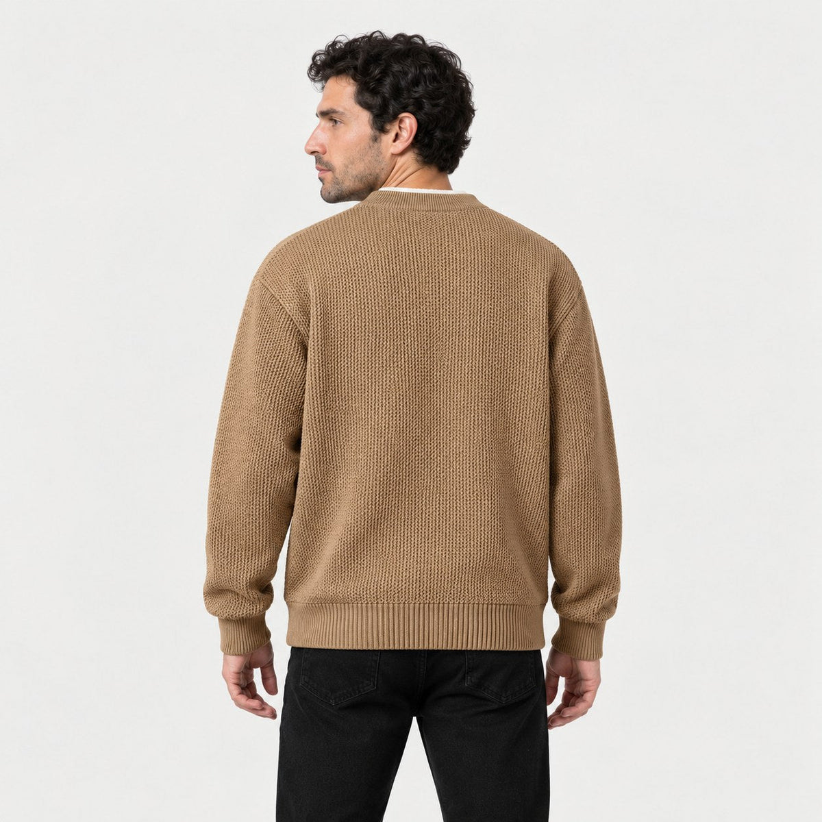 Men's waffle knit Henley jumper in Brown | Iwerne – back view