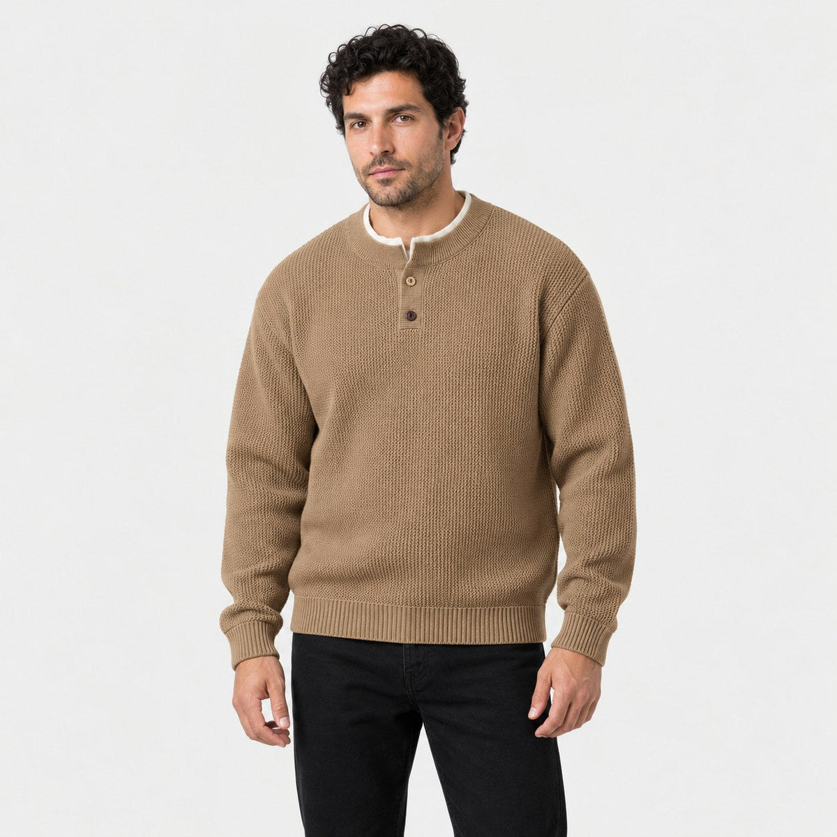 Men's waffle knit Henley jumper in Brown | Iwerne – front view