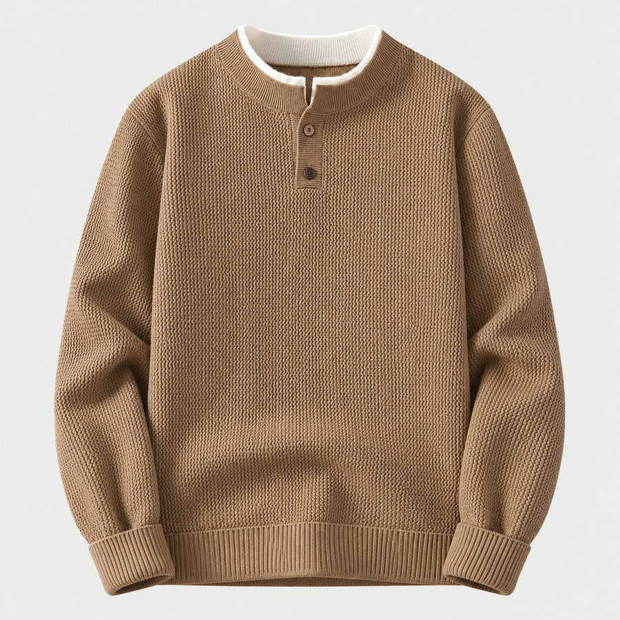 Men's waffle knit Henley jumper in Brown | Iwerne – front view
