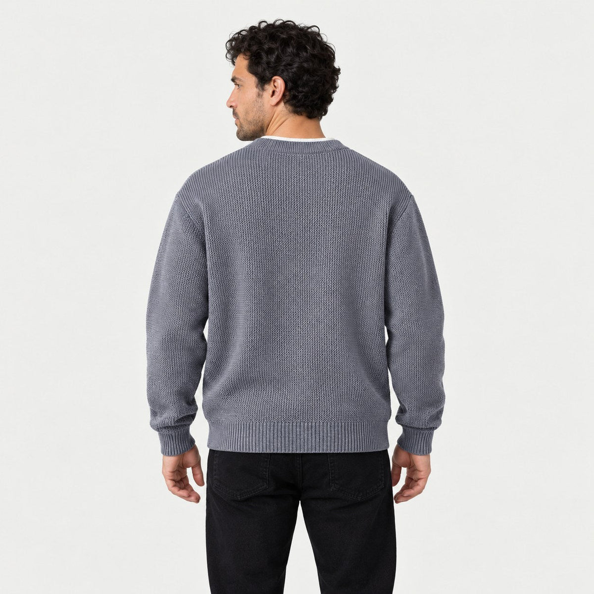 Men's waffle knit Henley jumper in Grey | Iwerne – back view