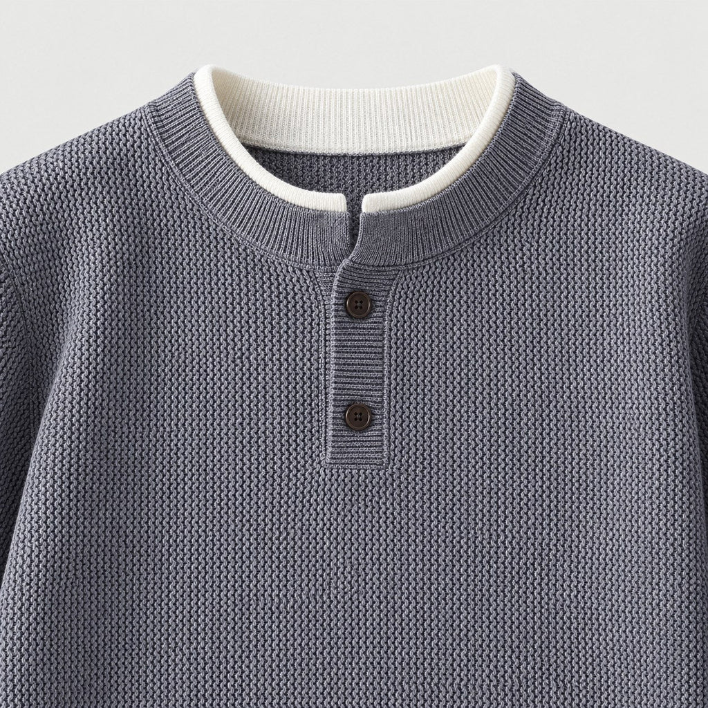 Men's waffle knit Henley jumper in Grey | Iwerne – detail view