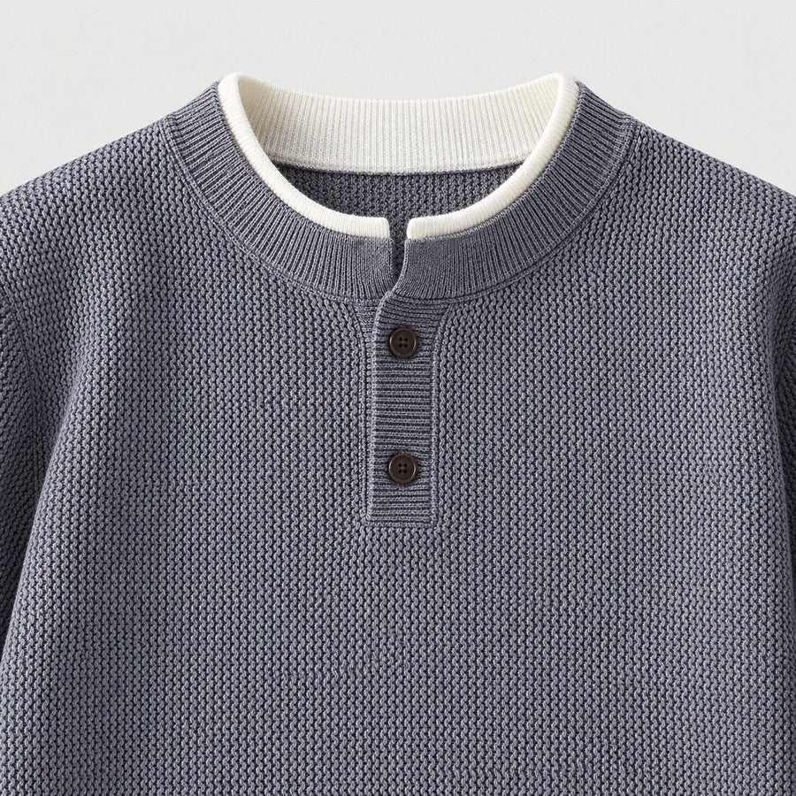 Men's waffle knit Henley jumper in Grey | Iwerne – detail view