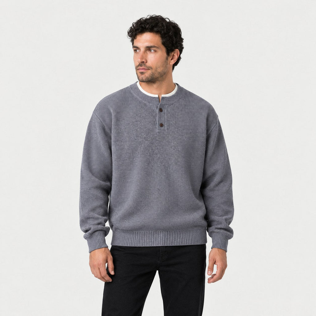 Men's waffle knit Henley jumper in Grey | Iwerne – front view
