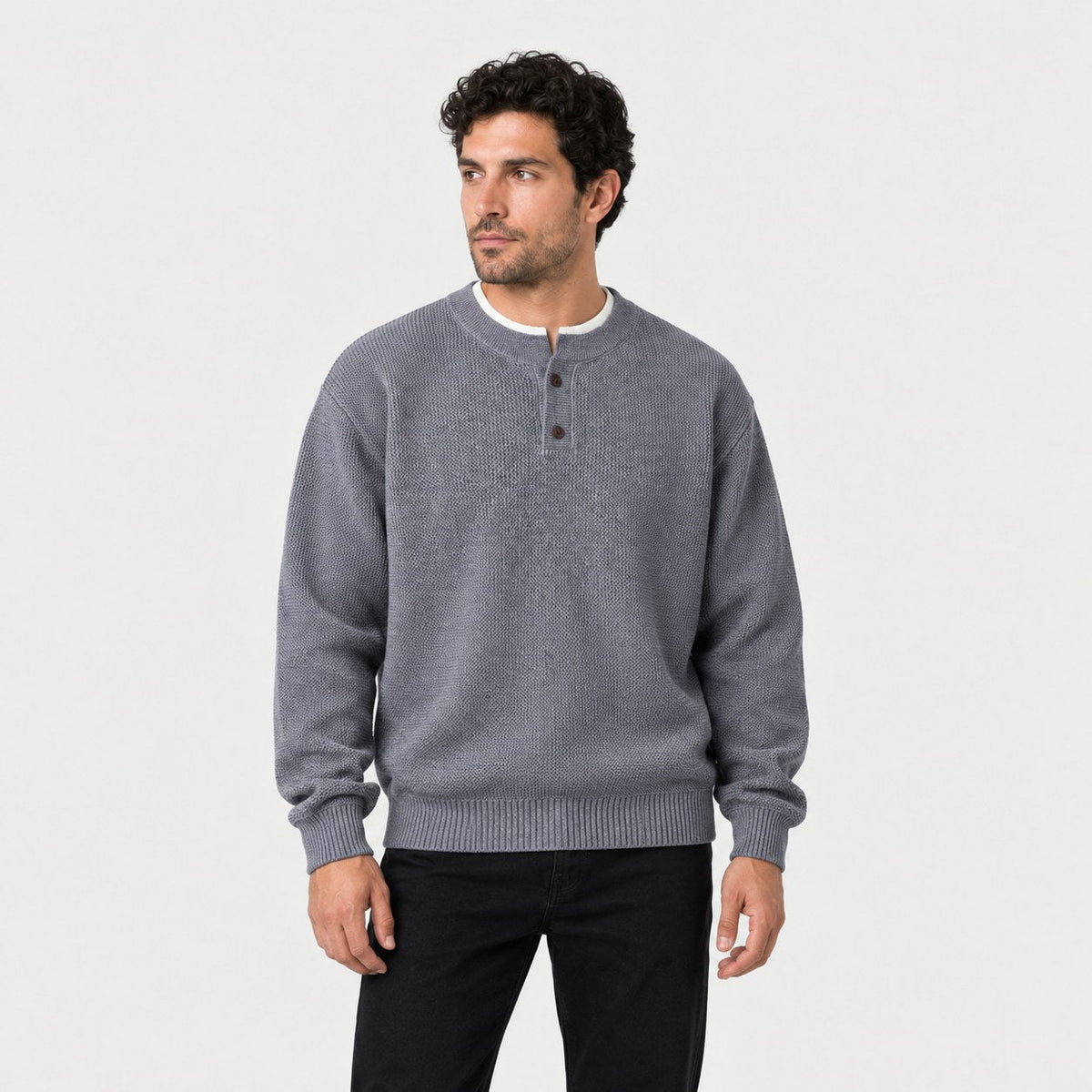 Men's waffle knit Henley jumper in Grey | Iwerne – front view
