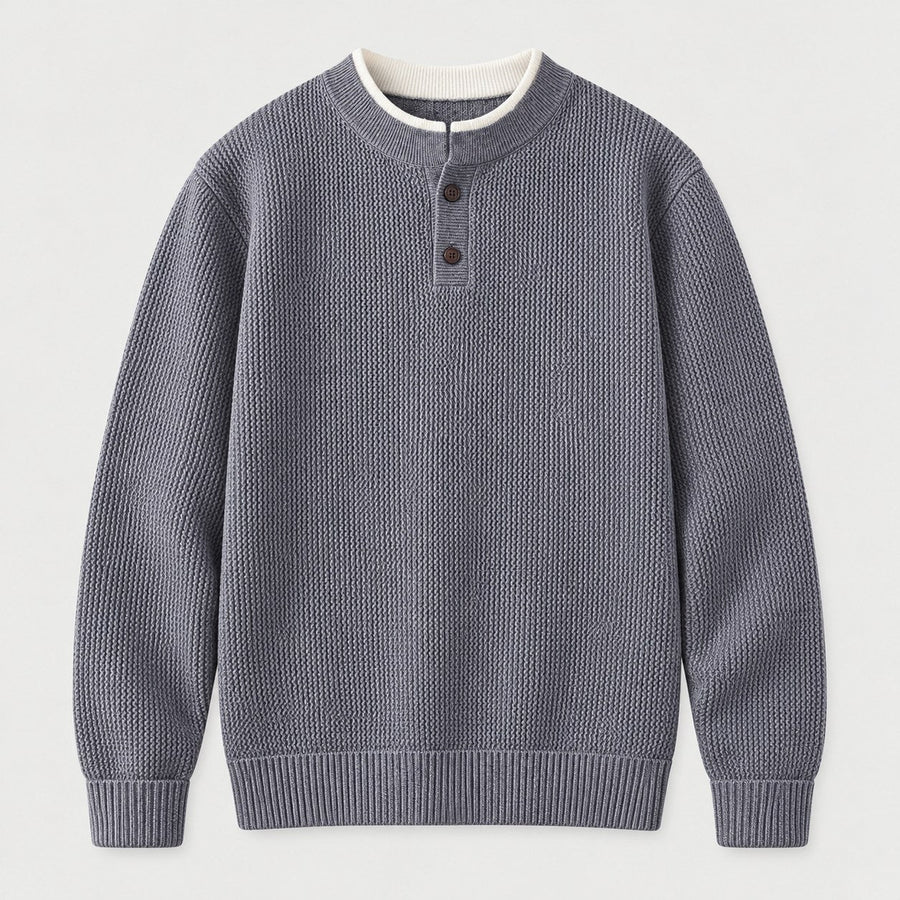 Men's waffle knit Henley jumper in Grey | Iwerne – front view