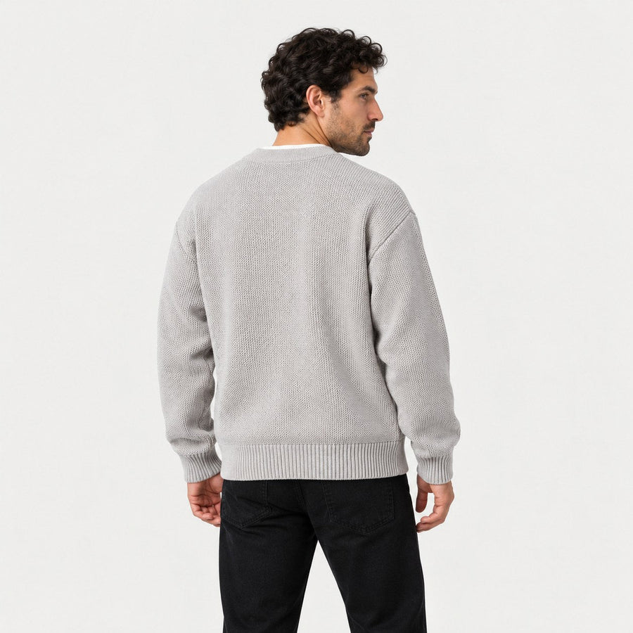 Men's waffle knit Henley jumper in Light Grey | Iwerne – back view