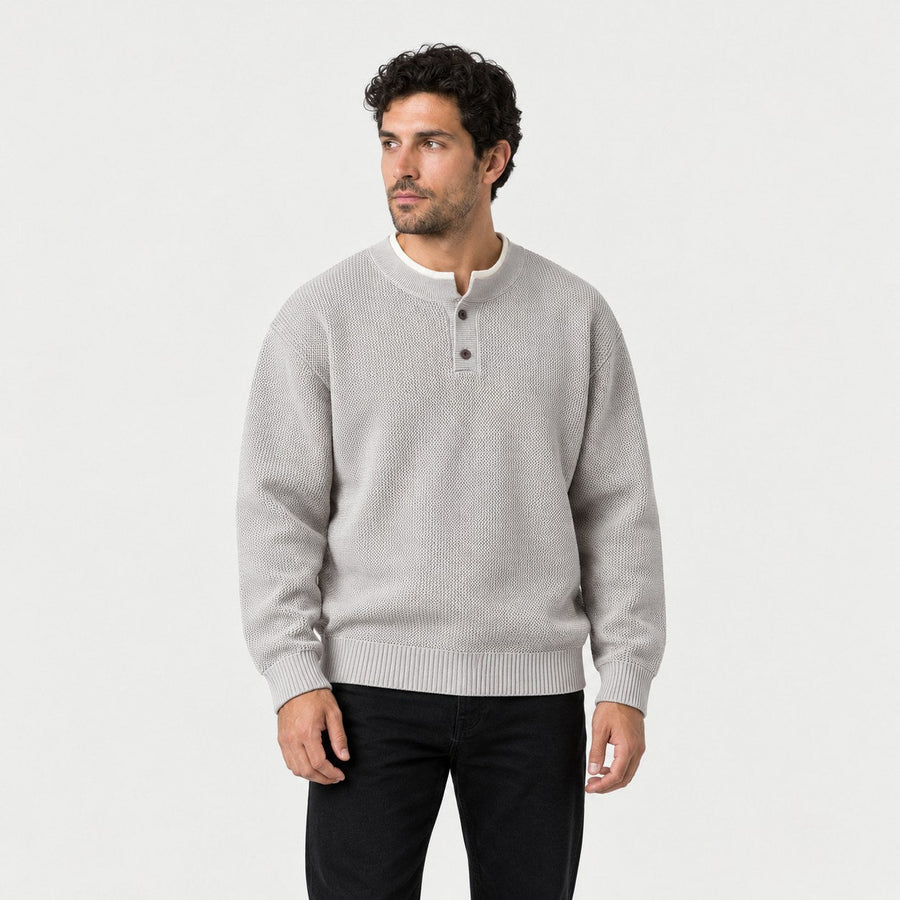 Men's waffle knit Henley jumper in Light Grey | Iwerne – front view