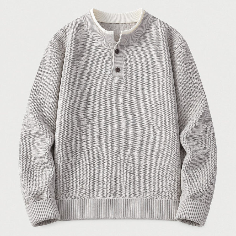 Men's waffle knit Henley jumper in Light Grey | Iwerne – front view
