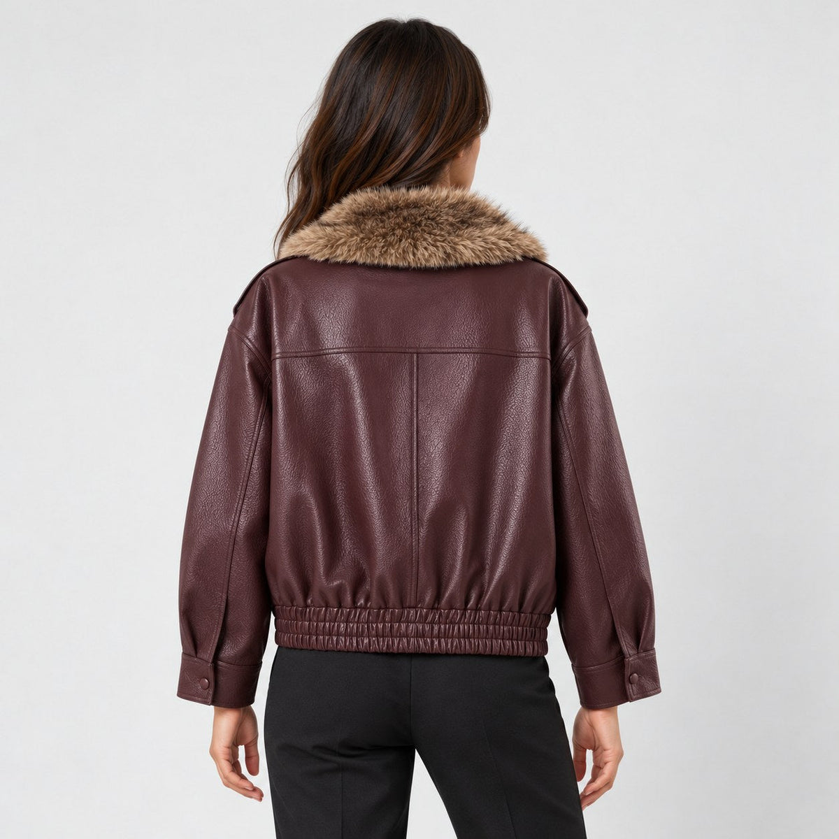 Women's faux leather aviator jacket in Burgundy | Dodford – back view