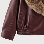Women's faux leather aviator jacket in Burgundy | Dodford – detail view