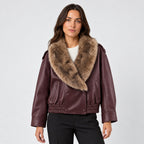 Women's faux leather aviator jacket in Burgundy | Dodford – front view