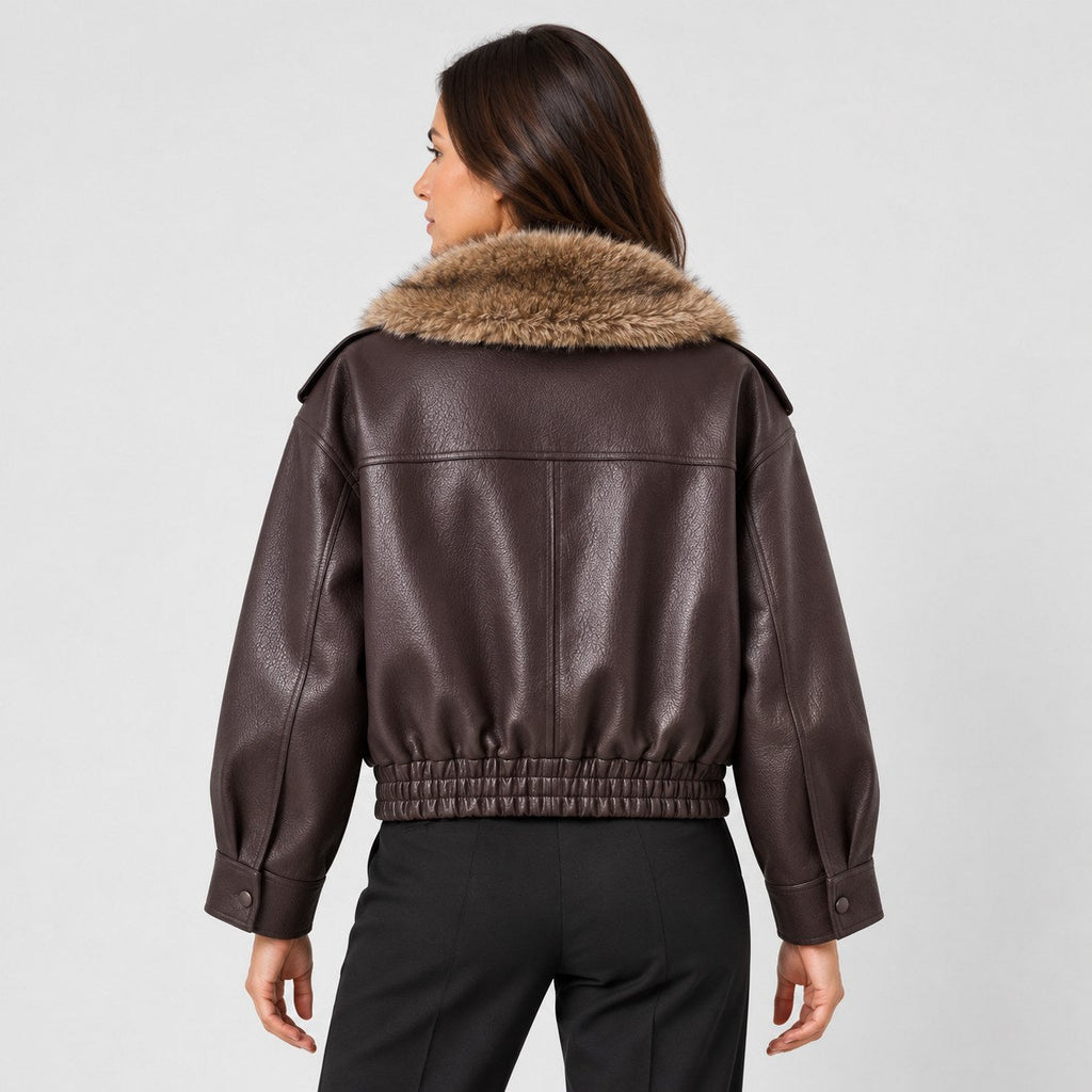 Women's faux leather aviator jacket in Dark Brown | Dodford – back view