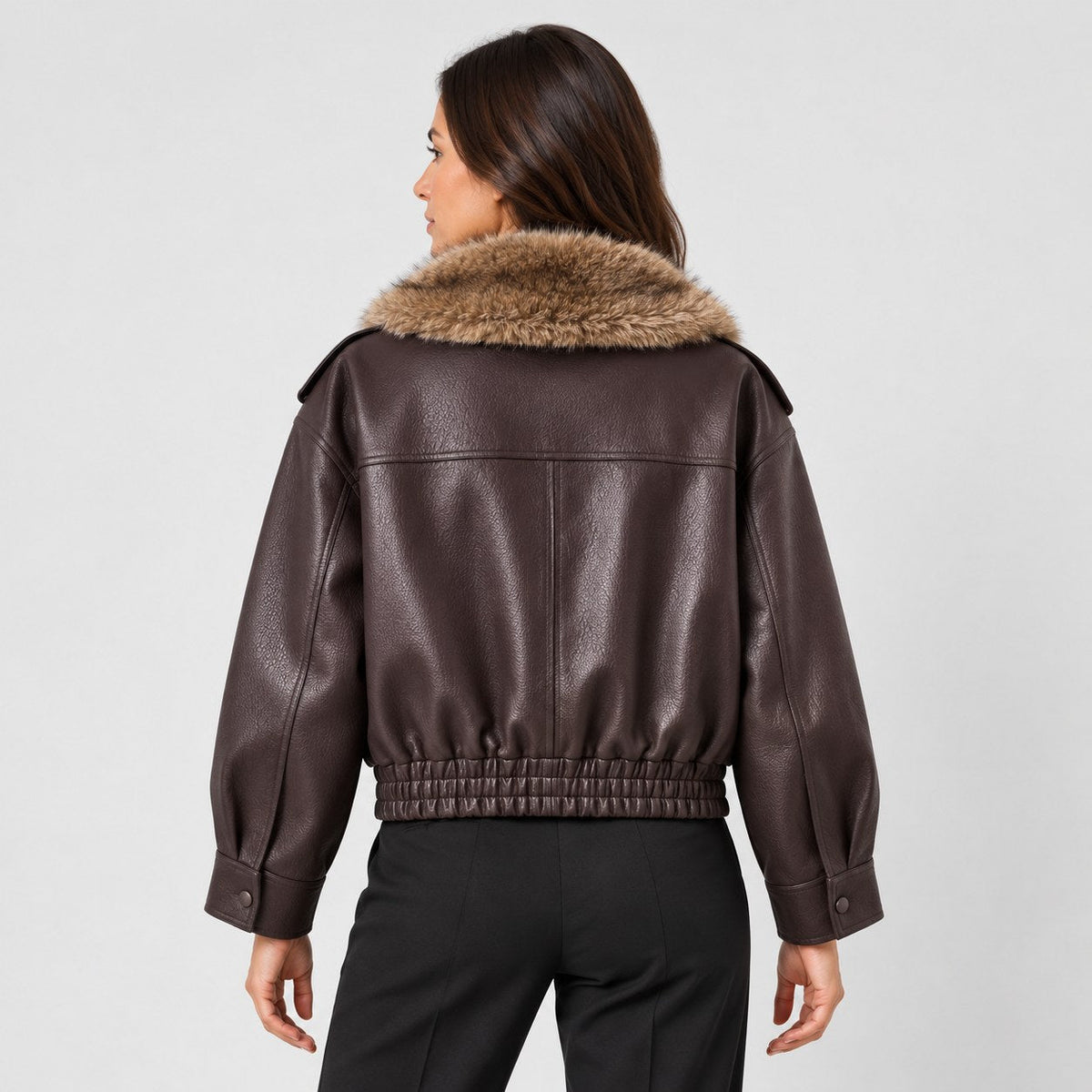 Women's faux leather aviator jacket in Dark Brown | Dodford – back view