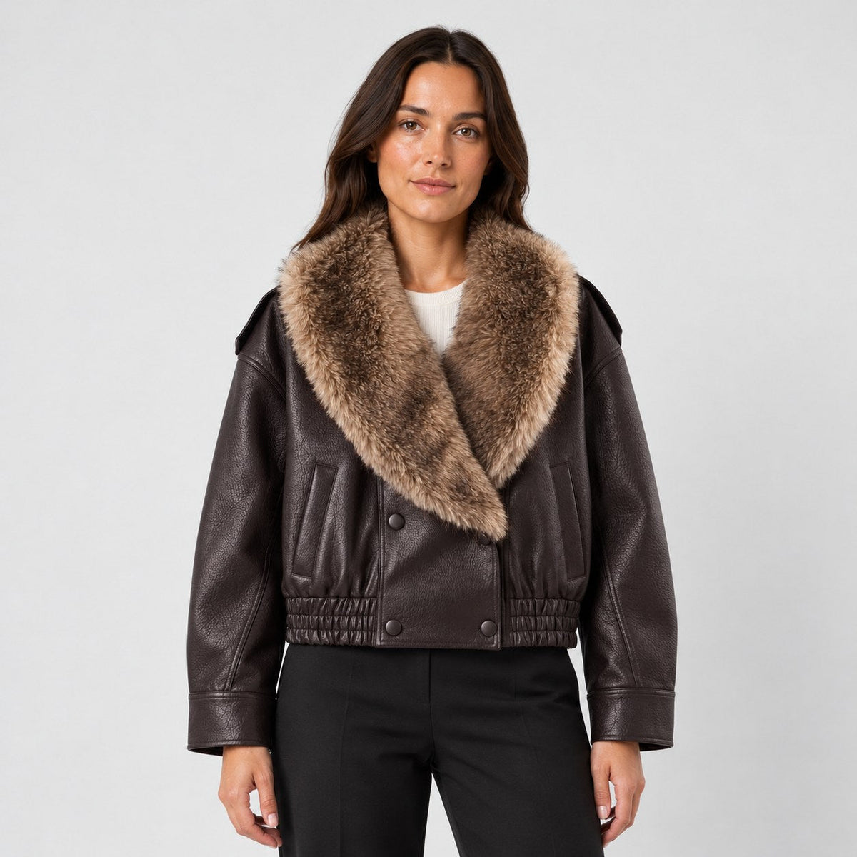 Women's faux leather aviator jacket in Dark Brown | Dodford – front view