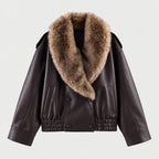 Women's faux leather aviator jacket in Dark Brown | Dodford – front view