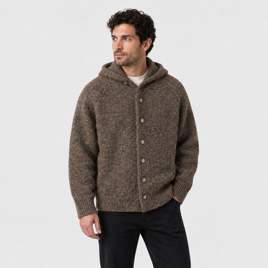 Men's bouclé hooded cardigan in Brown | Nympsfield – side view