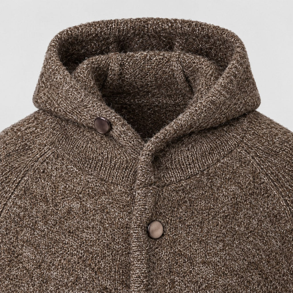 Men's bouclé hooded cardigan in Brown | Nympsfield – detail view