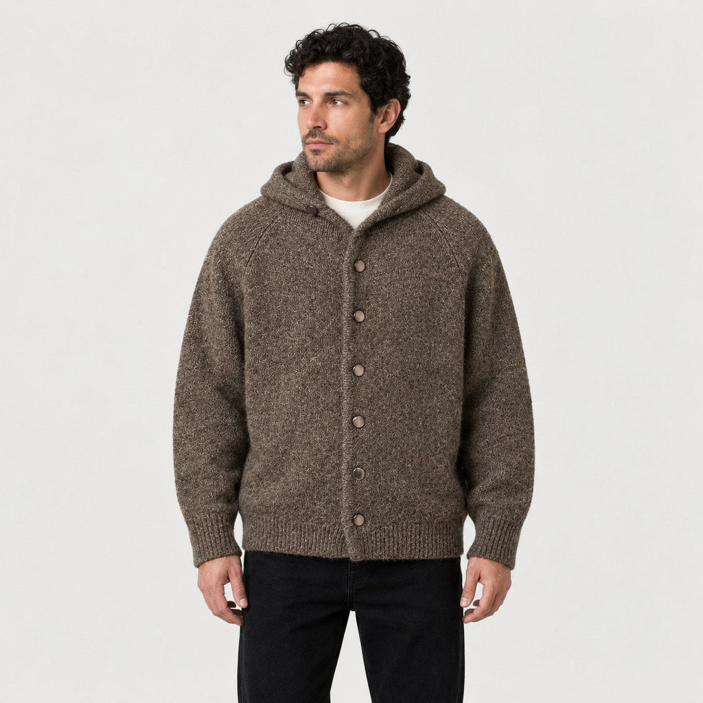 Men's bouclé hooded cardigan in Brown | Nympsfield – front view