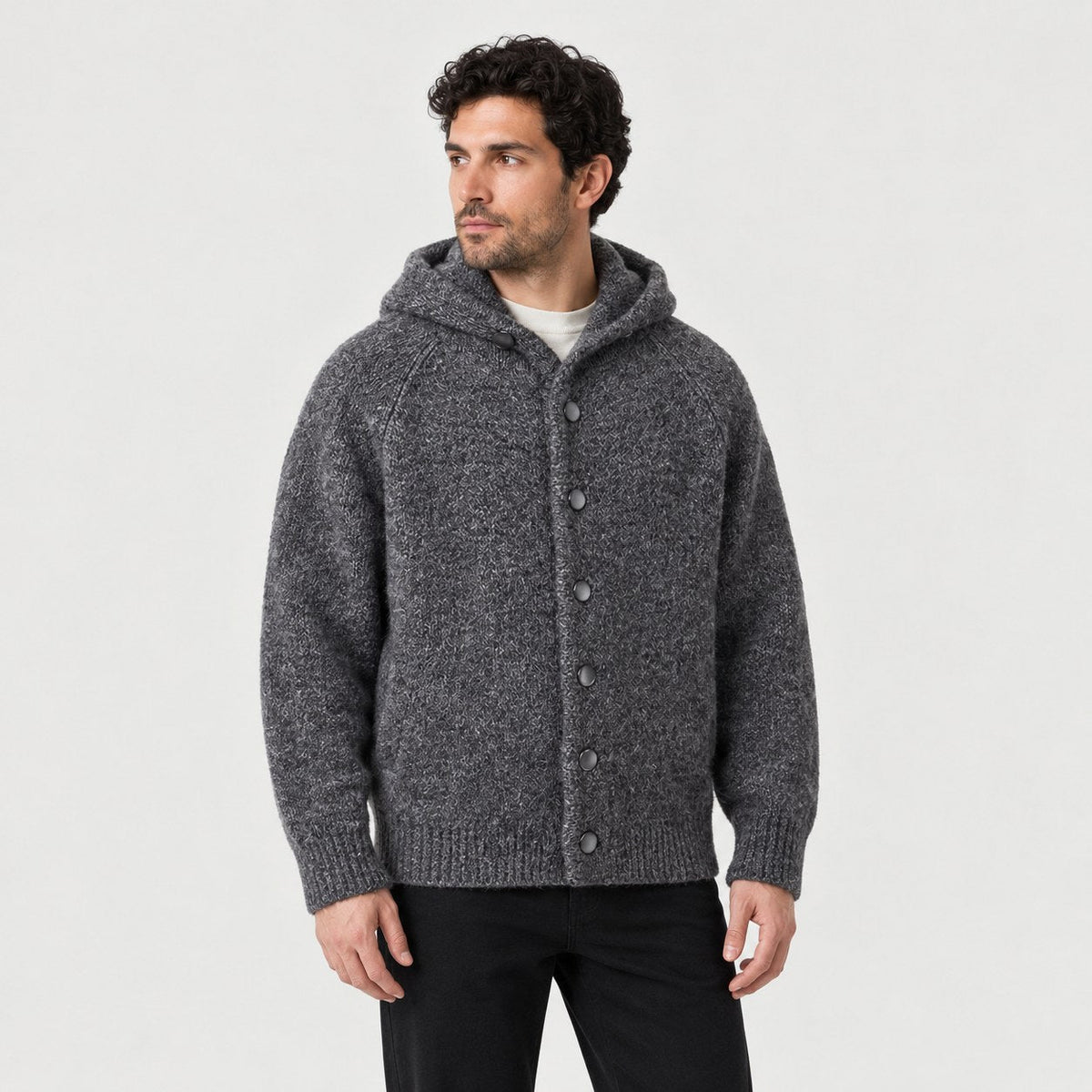 Men's bouclé hooded cardigan in Charcoal | Nympsfield – side view