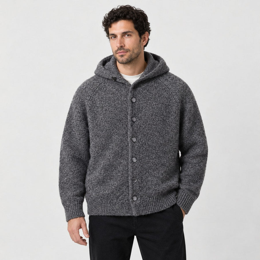 Men's bouclé hooded cardigan in Charcoal | Nympsfield – front view