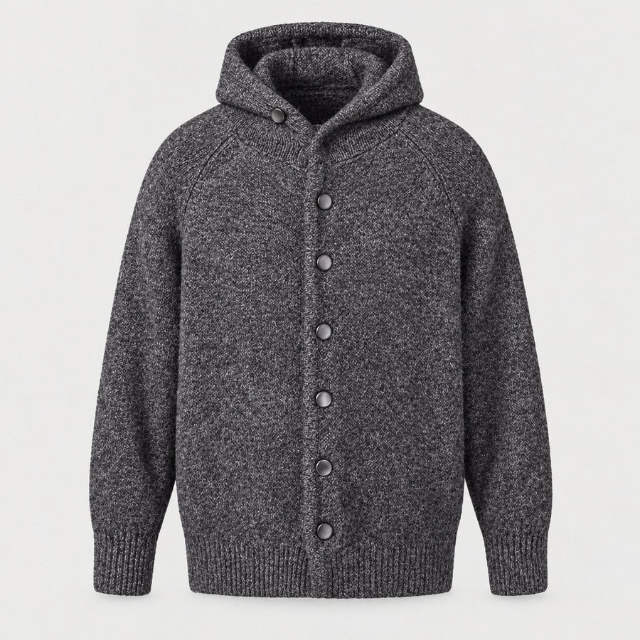 Men's bouclé hooded cardigan in Charcoal | Nympsfield – front view