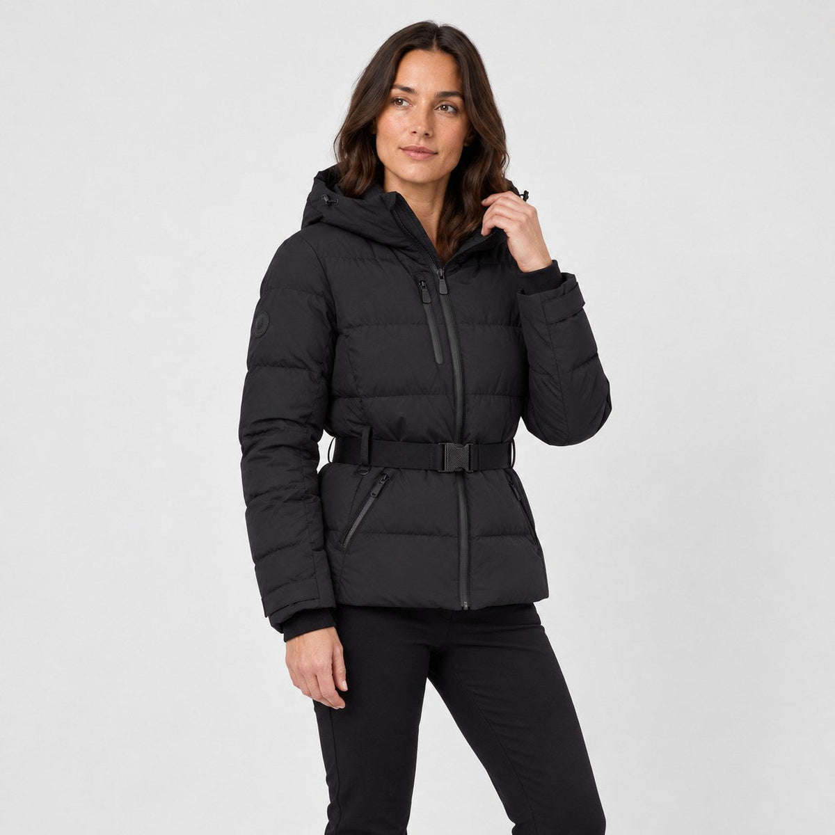 Women's Belted Hooded Puffer Jacket in Black | Ickworth – side view