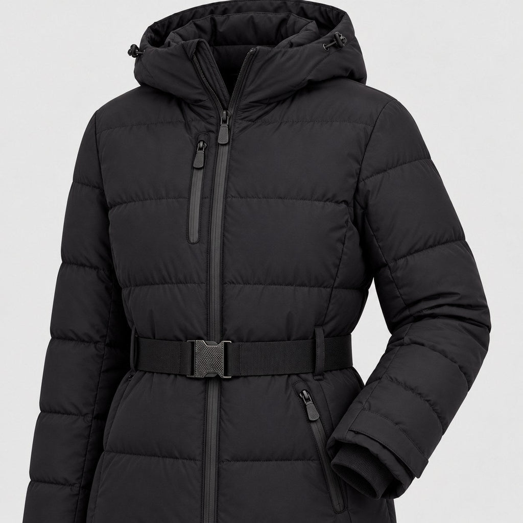 Women's Belted Hooded Puffer Jacket in Black | Ickworth – detail view