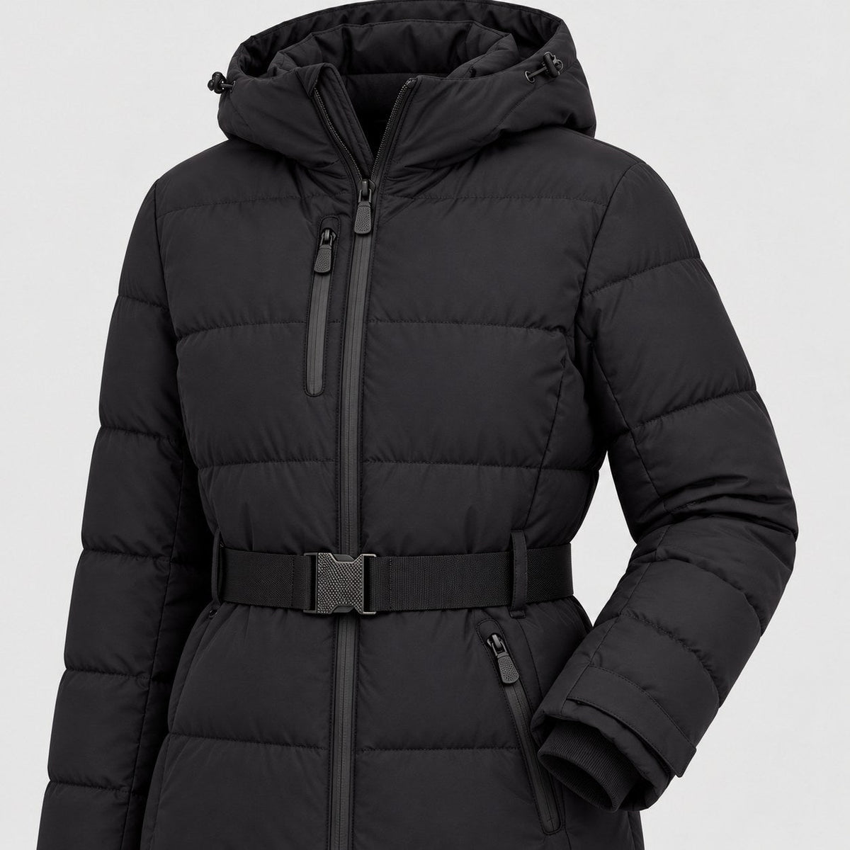 Women's Belted Hooded Puffer Jacket in Black | Ickworth – detail view
