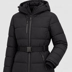 Women's Belted Hooded Puffer Jacket in Black | Ickworth – detail view