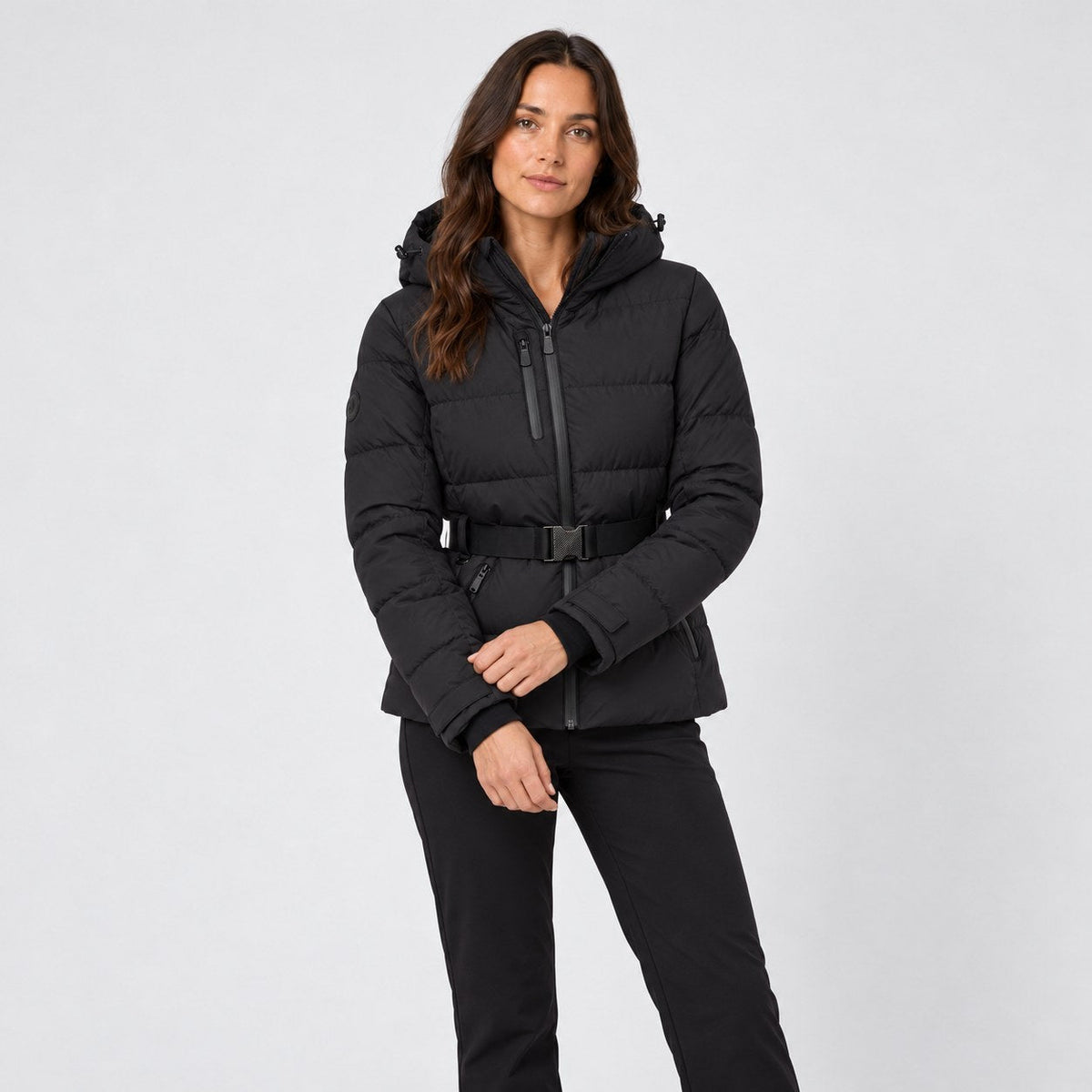 Women's Belted Hooded Puffer Jacket in Black | Ickworth – front view