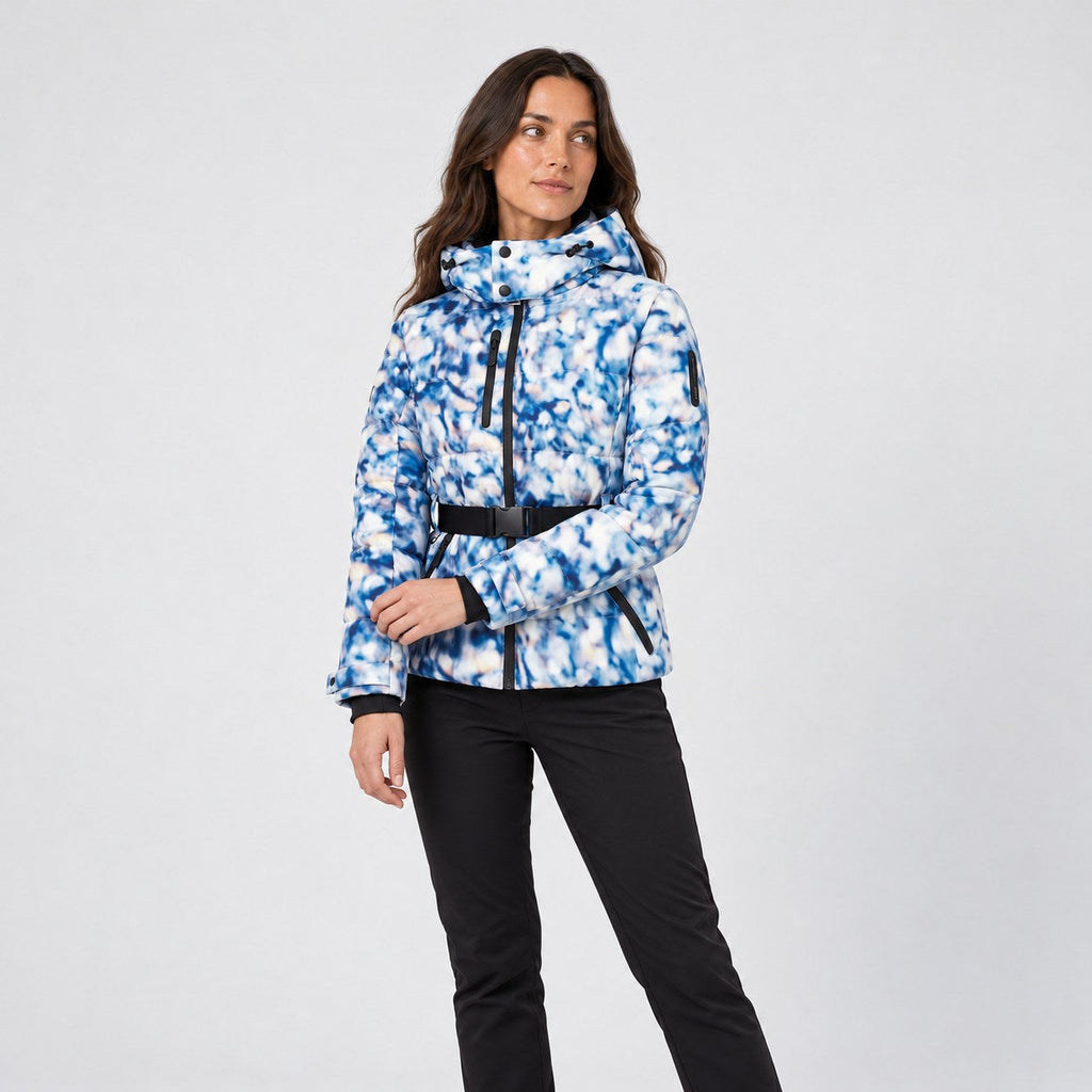 Women's Belted Hooded Puffer Jacket in Blue Print | Ickworth – side view
