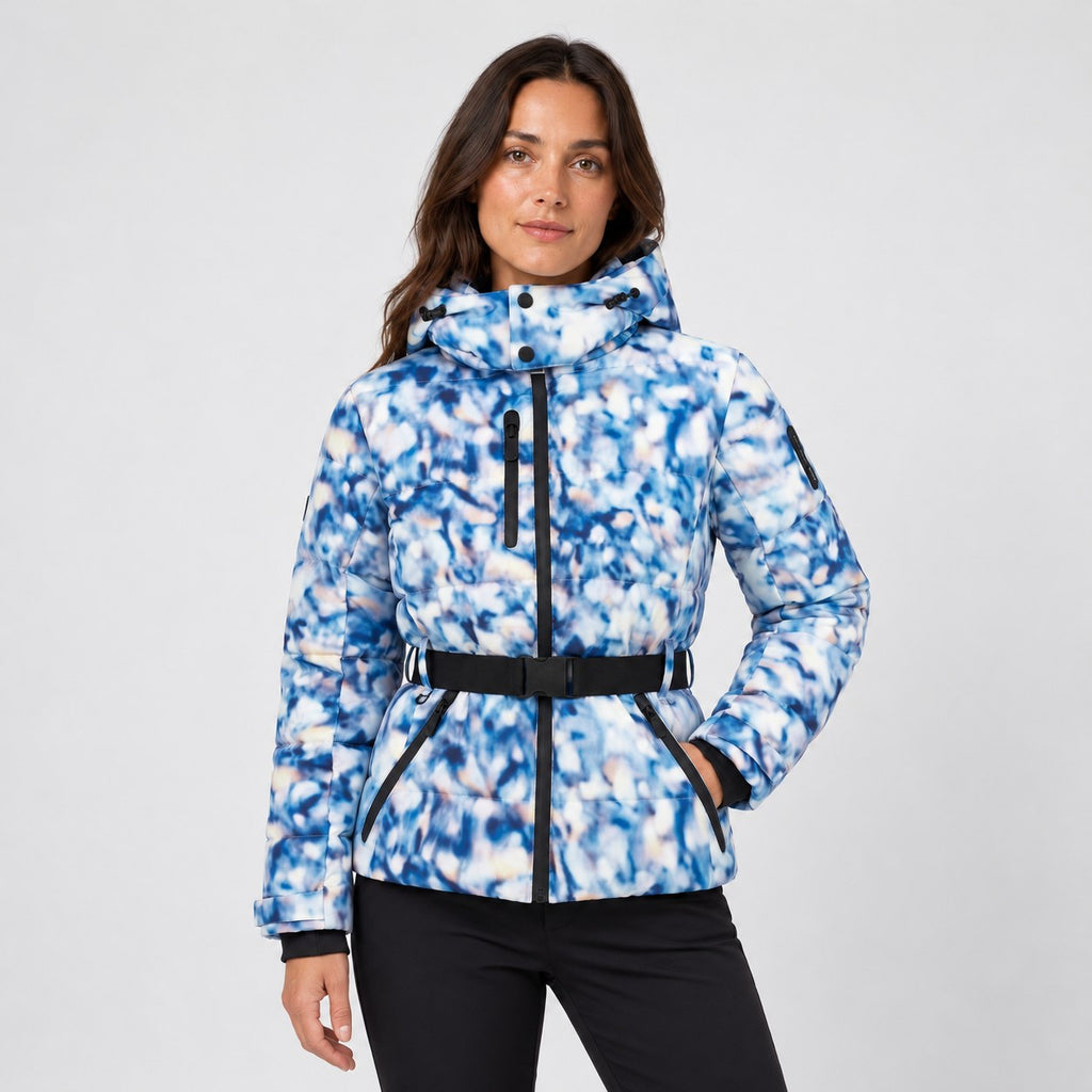 Women's Belted Hooded Puffer Jacket in Blue Print | Ickworth – front view