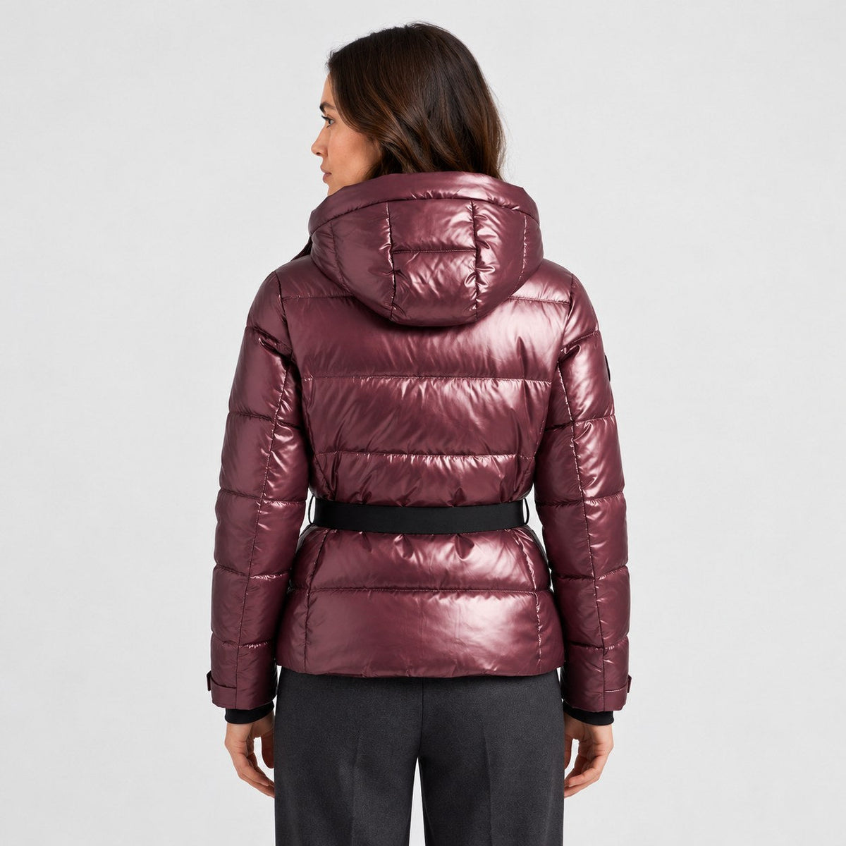 Women's Belted Hooded Puffer Jacket in Metallic Burgundy | Ickworth – back view