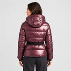 Women's Belted Hooded Puffer Jacket in Metallic Burgundy | Ickworth – back view