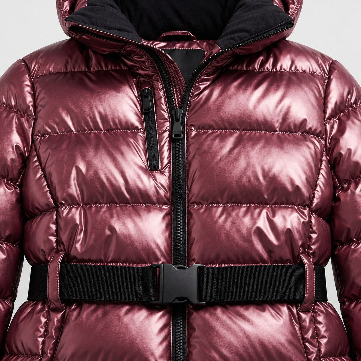 Women's Belted Hooded Puffer Jacket in Metallic Burgundy | Ickworth – detail view