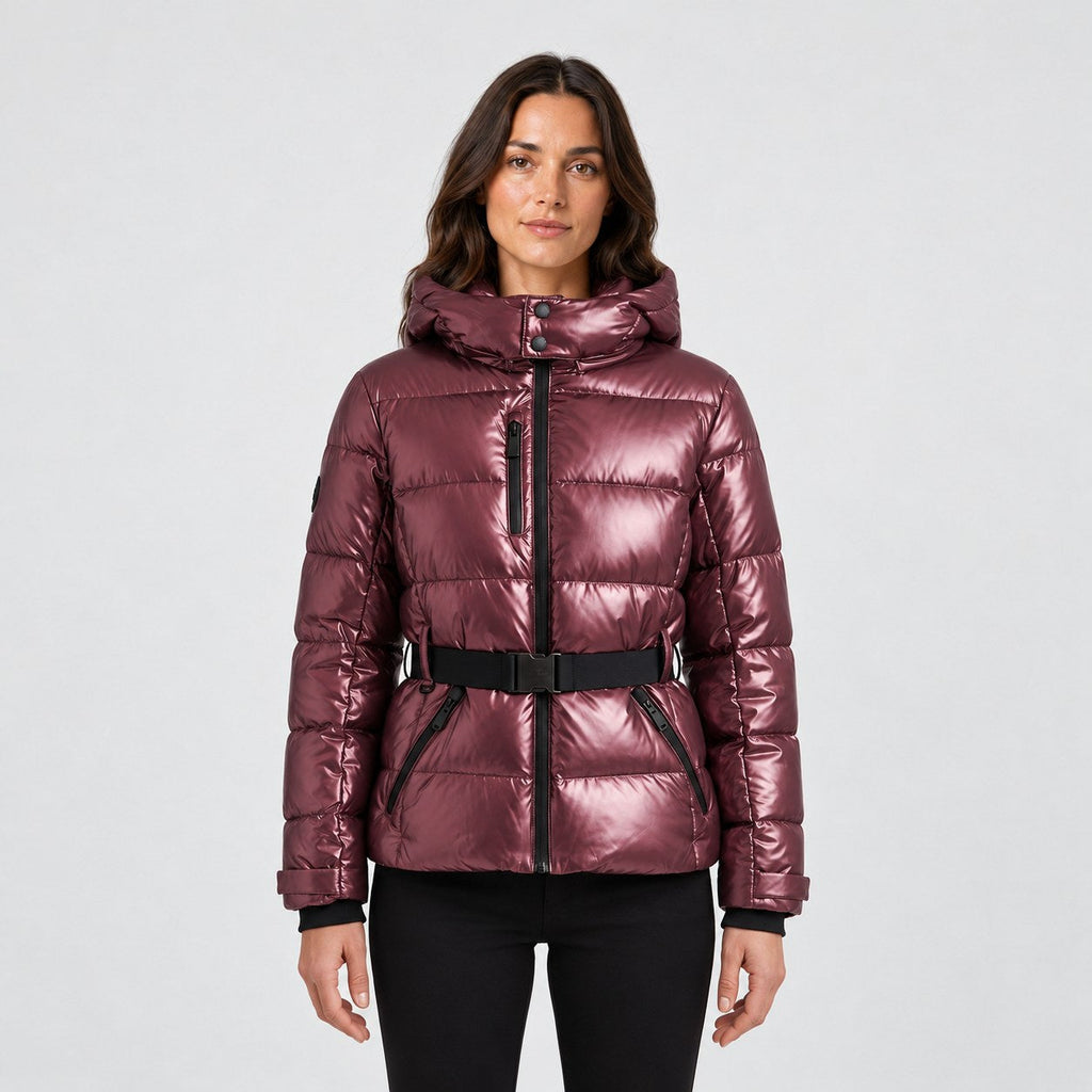 Women's Belted Hooded Puffer Jacket in Metallic Burgundy | Ickworth – front view