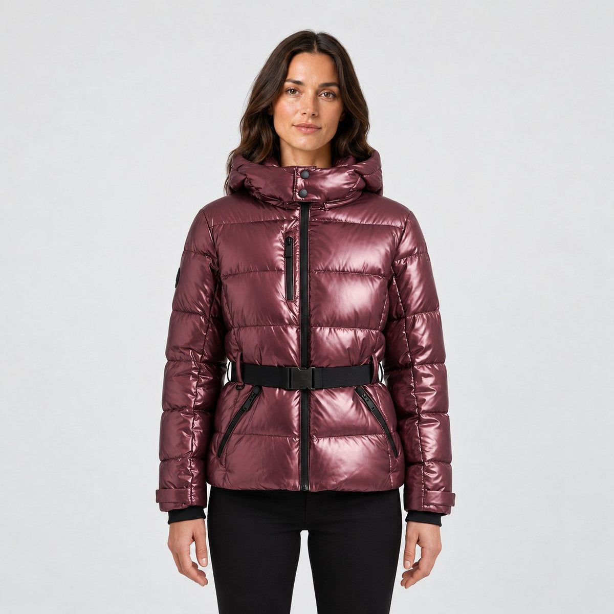 Women's Belted Hooded Puffer Jacket in Metallic Burgundy | Ickworth – front view