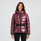 Women's Belted Hooded Puffer Jacket in Metallic Burgundy | Ickworth – front view