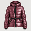 Women's Belted Hooded Puffer Jacket in Metallic Burgundy | Ickworth – front view
