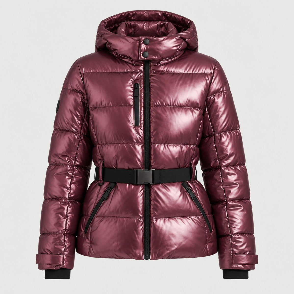 Women's Belted Hooded Puffer Jacket in Metallic Burgundy | Ickworth – front view