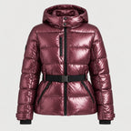 Women's Belted Hooded Puffer Jacket in Metallic Burgundy | Ickworth – front view